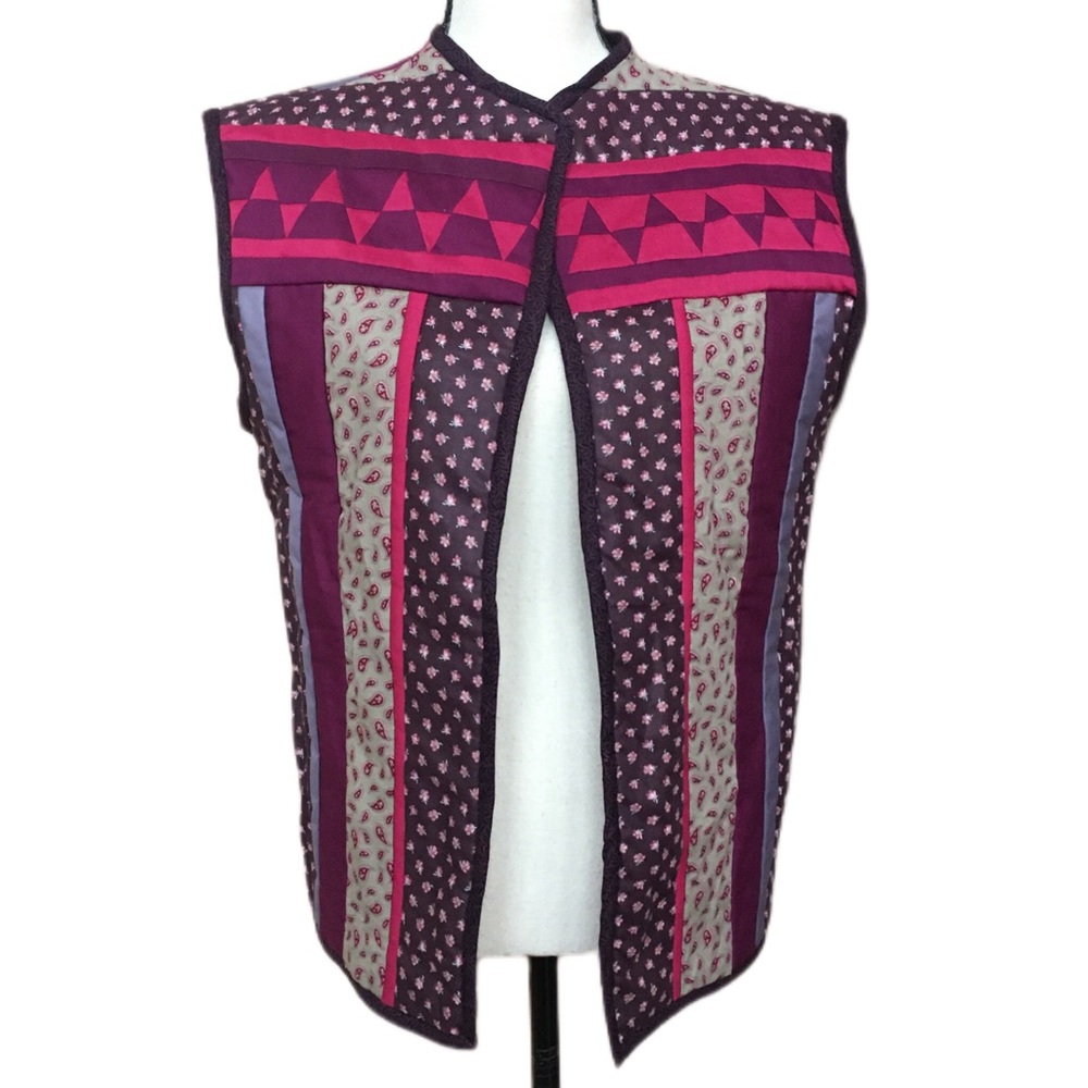 Vintage 70s 80s Handmade Quilted Patchwork Calico Paisley Purple Reversible Vest - Picture 3 of 11